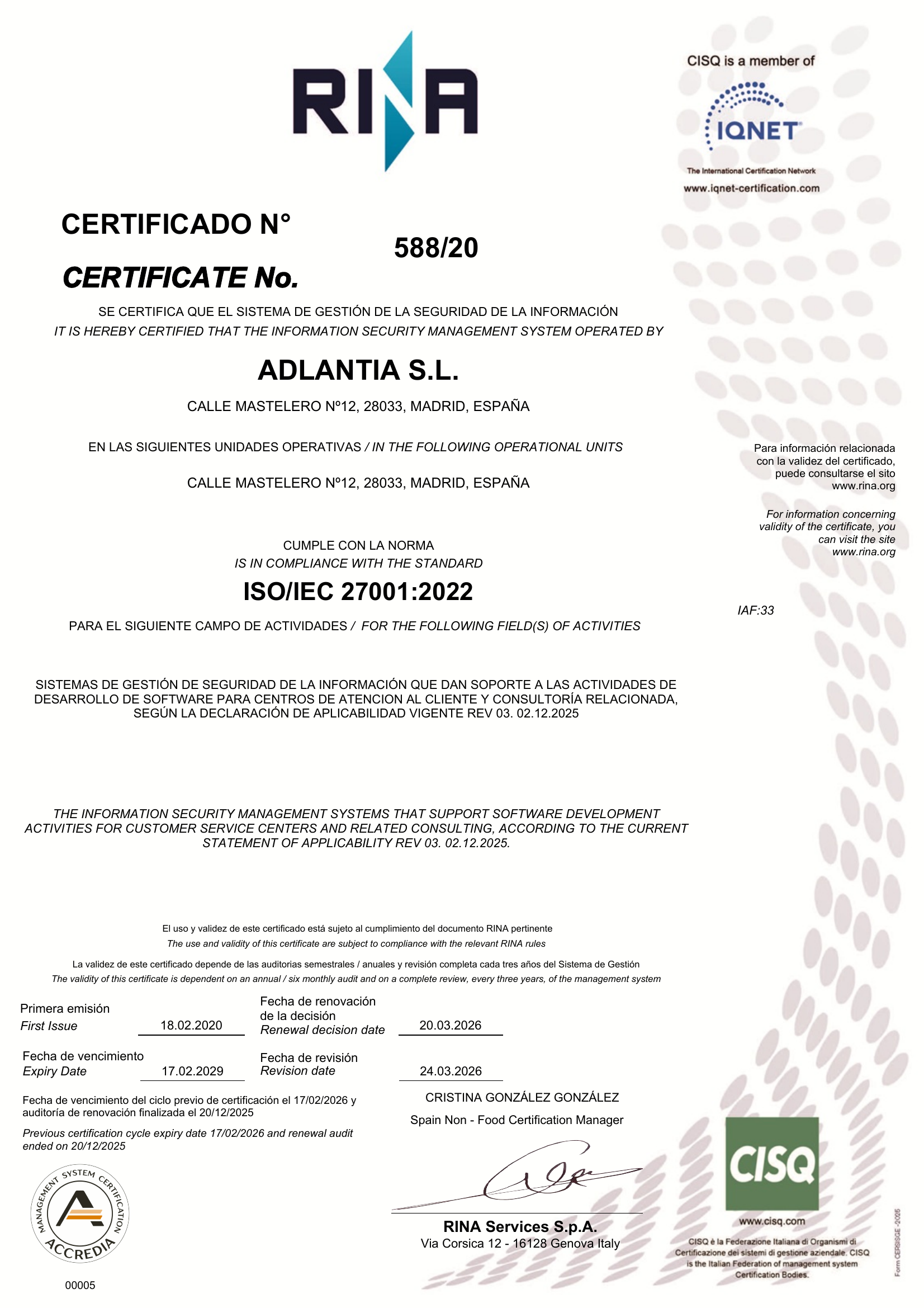 Certificado ISO 27001 RINA