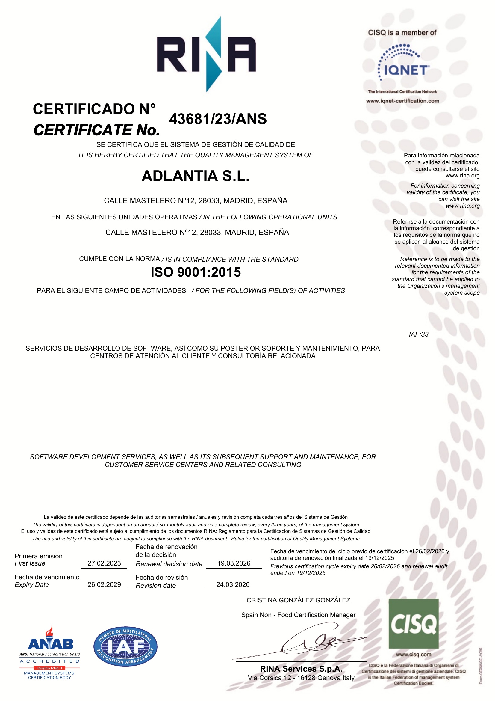 Certificado ISO 9001 RINA